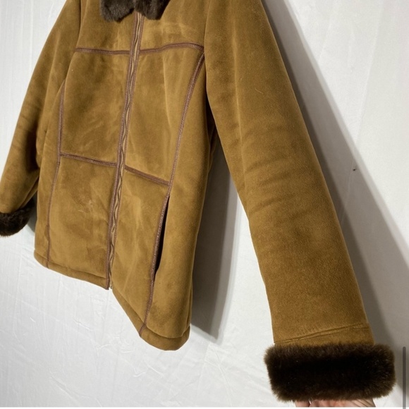 Vintage Lady Hathaway Tan Brown Faux Suede Zip Front Jacket W Faux Fur Collar M - Picture 10 of 16